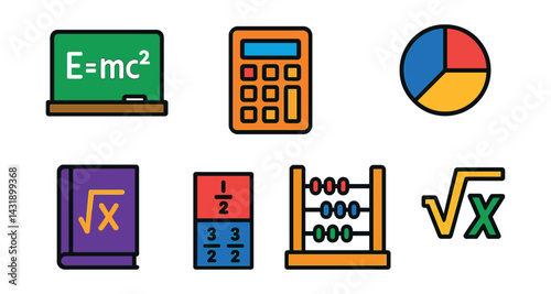 Flat vector icons of math class: blackboard with equations, calculator, number line, pie chart, math book, fraction blocks, abacus, algebra symbol.
