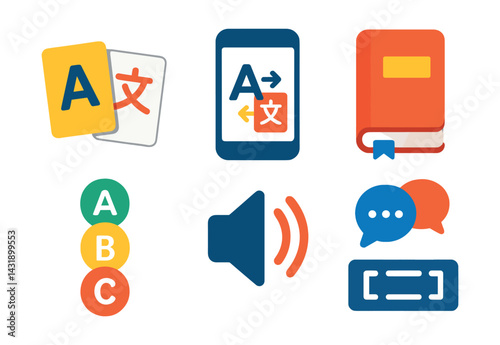Flat vector icons of foreign language study: flashcards, translation app, grammar book, word cloud, language levels, speaker icon, accent mark, subtitle symbol.