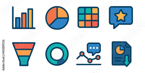Flat vector icons of learning analytics: bar chart, pie chart, heat map, engagement score, course funnel, progress ring, feedback graph, data export.