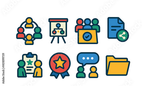 Flat vector icons of group learning: students circle, collaboration board, group assignment, shared file, peer review, team badge, discussion bubble, project folder.