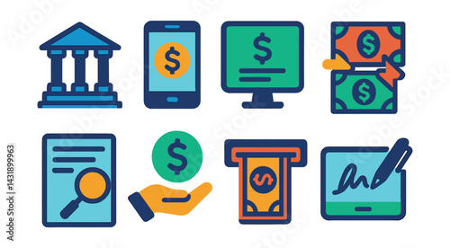 Flat vector icons of online banking: bank building, mobile banking app, account balance, money transfer, transaction history, deposit, withdrawal, digital signature.
