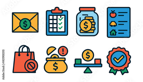 Flat vector icons of personal budgeting: envelope system, weekly budget planner, savings jar, categorized expenses, shopping limit, emergency fund icon, zero-based budget, financial discipline badge.