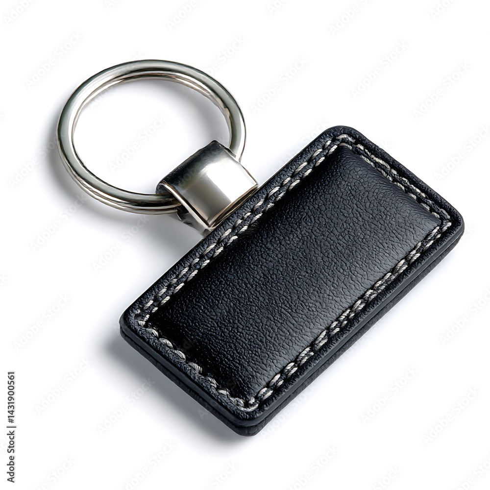 A black leather keychain with a metal key ring, isolated on a clean white background A black leather keychain with a metal key ring, isolated on a clean white background