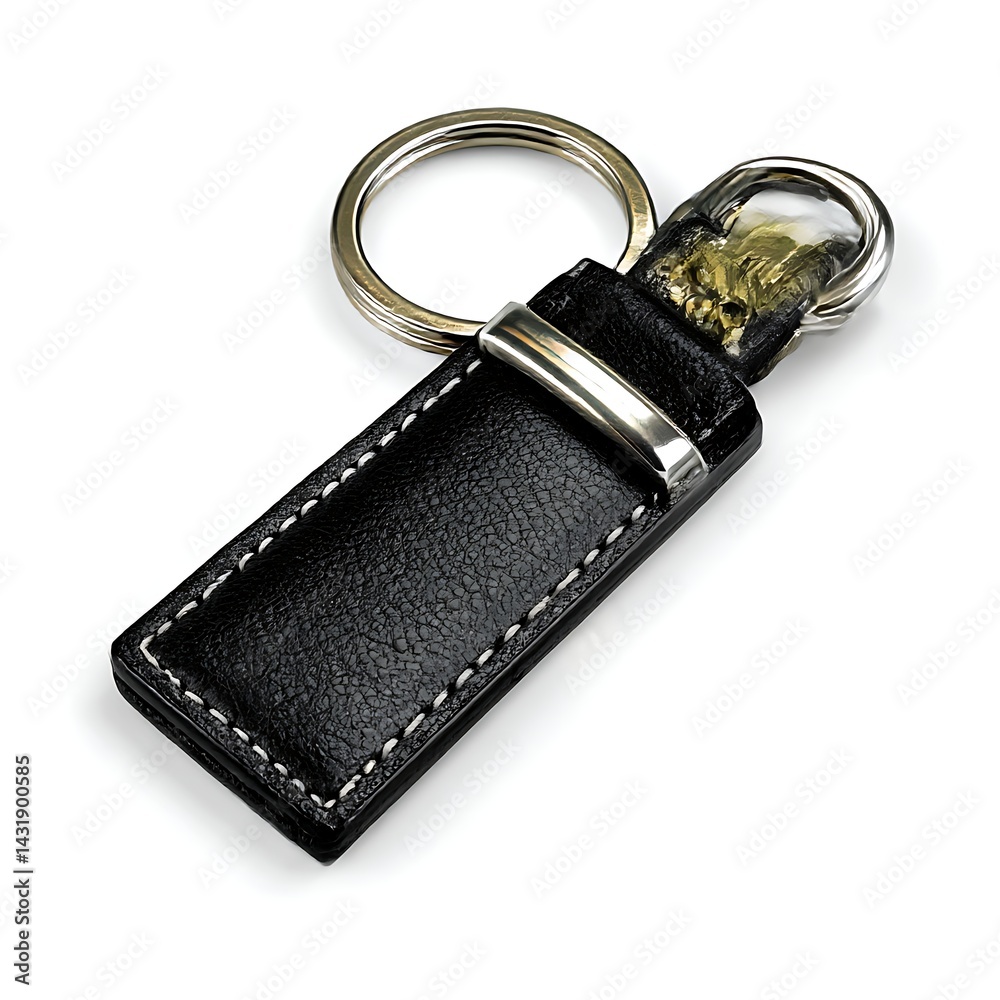 A black leather keychain with a metal key ring, isolated on a clean white background A black leather keychain with a metal key ring, isolated on a clean white background