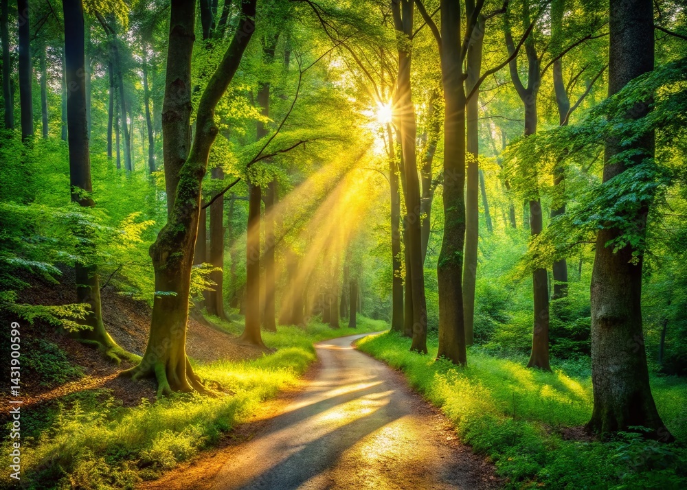 Fototapeta premium Sunlit Forest Path: Lush Green Canopy, Sunlight Streaming Through Trees, Summer Nature Scene