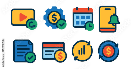 Flat vector icons of recurring payments: subscription icon, auto-payment setting, payment calendar, renewal notification, recurring invoice, service plan, payment frequency icon, billing cycle.