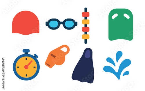 Flat vector icons of swimming and aquatic sports: swimming cap, goggles, swim lane, kickboard, stopwatch, lifeguard whistle, swim fin, water splash.