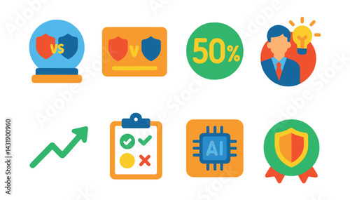 Flat vector icons of match predictions and forecasts: crystal ball with team logos, prediction card, chance percentage, expert tip icon, trending arrow, result forecast, AI predictor, forecast badge.