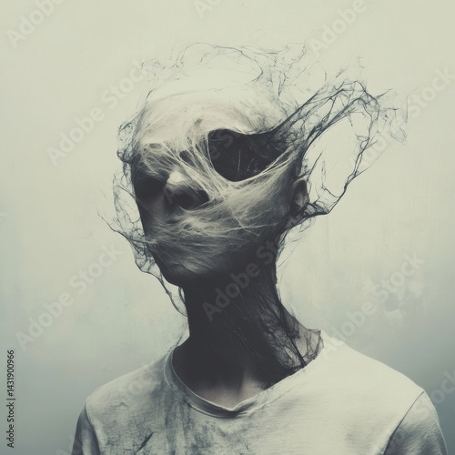Creative stupor leads to abstract expression of thought and emotion in monochrome vector artwork