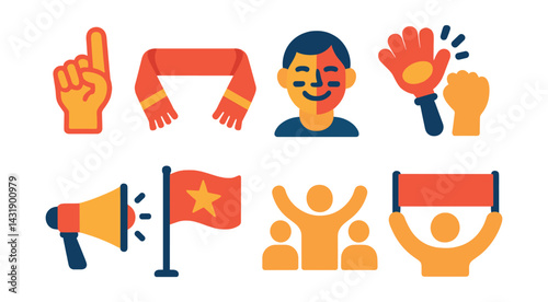 Flat vector icons of sports fans: foam finger, fan scarf, painted face, clapper, megaphone, team flag, cheering crowd, fan banner.