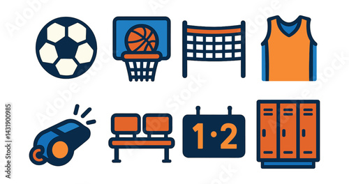 Flat vector icons of team sports: soccer ball, basketball hoop, volleyball net, jersey, referee whistle, team bench, scoreboard, locker room.