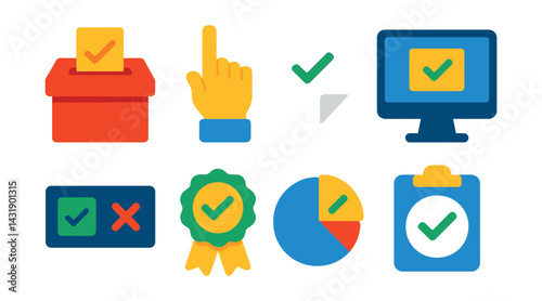 Flat vector icons of voting and decisions: ballot box, voting hand, checkmark on paper, online vote screen, decision panel, approval badge, voting results pie, vote confirmation icon.