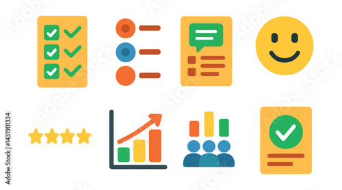 Flat vector icons of polls and surveys: checkbox form, single choice bubble, survey icon, feedback smiley, rating stars, results graph, audience poll bar, survey confirmation.