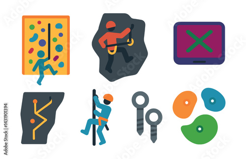 Flat vector icons of rock climbing types: indoor wall, sport climbing, trad rack, bouldering mat, multi-pitch route, lead climber, anchor bolts, climbing holds.