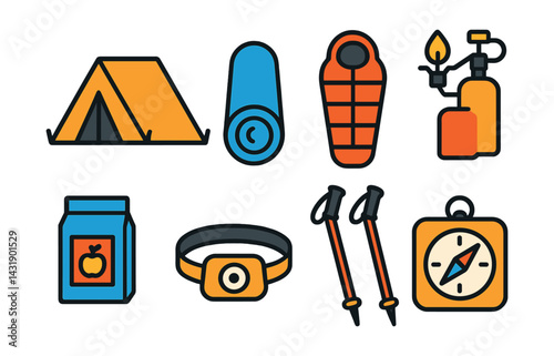 Flat vector icons of alpine camping: mountain tent, sleeping pad, cold weather sleeping bag, portable stove, food rations, headlamp, trekking poles, map compass.