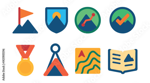Flat vector icons of climbing achievements: summit flag, elevation badge, route completed icon, challenge accepted badge, climbing medal, top rope award, altitude map, climbing logbook.