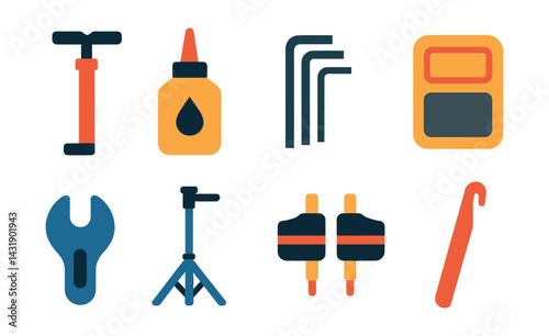 Flat vector icons of bike maintenance: pump, chain oil, Allen keys, patch kit, spoke wrench, repair stand, brake pads, tire lever.