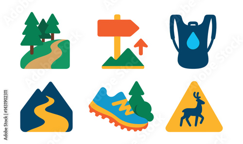 Flat vector icons of trail running: forest path, trail marker, elevation gain icon, hydration pack, mountain trail icon, off-road shoe, nature route, wildlife caution sign.