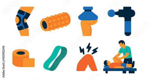 Flat vector icons of running injuries and recovery: knee brace, foam roller, ice pack, massage gun, tape roll, stretch band, soreness icon, physio session.