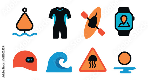 Flat vector icons of open water swimming: buoy, wetsuit, safety kayak, GPS watch, swim cap with tracker, ocean wave, jellyfish alert, sighting point.