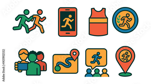 Flat vector icons of running communities: running group, virtual challenge, team jersey, running club logo, group selfie, shared route, running forum icon, event meetup pin.