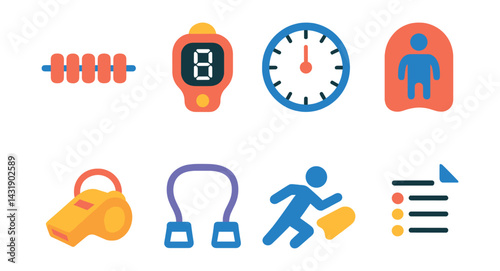 Flat vector icons of pool training: lane divider, lap counter, swim clock, pace board, coach whistle, dryland band, swim drill icon, practice set sheet.