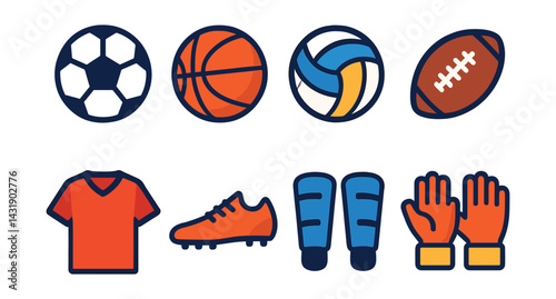 Flat vector icons of team sports equipment: soccer ball, basketball, volleyball, rugby ball, team jersey, cleats, shin guards, goalie gloves.