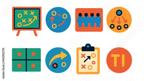 Flat vector icons of team strategies and tactics: formation board, passing pattern, defensive line, pressing arrows, zone marking, counterattack icon, game plan clipboard, time-out symbol.