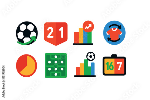 Flat vector icons of team performance tracking: pass accuracy, team score, assists chart, player rotation, possession stat, lineup preview, goals by minute, substitution tracker.