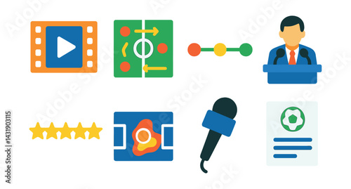 Flat vector icons of post-match review: highlight reel, team analysis chart, match timeline, press conference, player rating stars, performance heatmap, interview mic, match summary sheet.