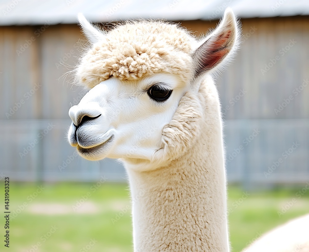 Obraz premium A Serene White Alpaca Gazes Intently on the Meadow, Illuminated by the Sun's Gentle Rays of excellence