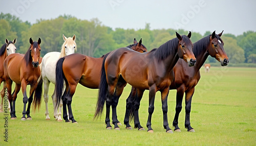 Herd of Horses Grazing in a Tranquil Pasture