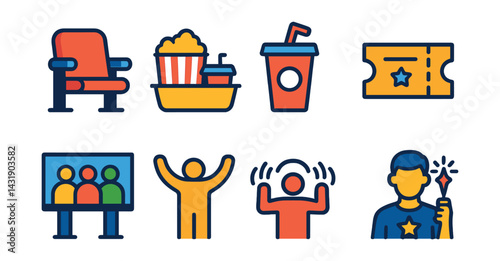 Flat vector icons of stadium fan experience: stadium seat, snack tray, drink cup, event ticket, giant screen, crowd wave, fan chant, halftime show icon.