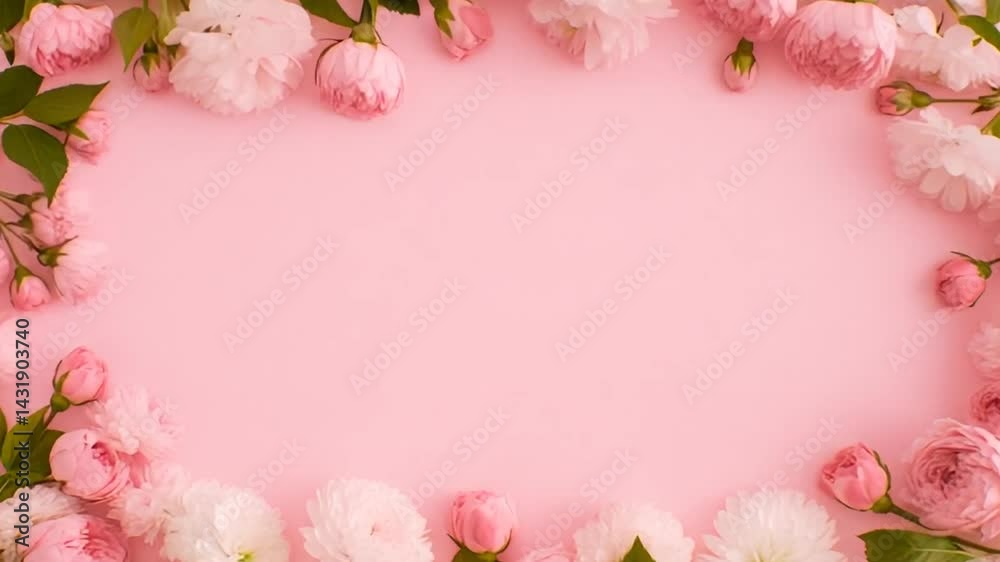 Beautiful delicate floral frame with spring flowers and free space for text on a pink background with copy space for text.Greeting card concept, festive looped animation,4K Beautiful delicate floral frame with spring flowers and free space for text on a pink background with copy space for text.Greeting card concept, festive looped animation,4K