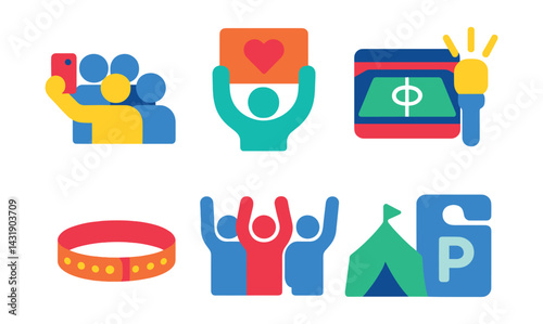Flat vector icons of live event experience: crowd selfie, chant cue card, match view, light stick, event wristband, group wave icon, fan area tent, parking pass.