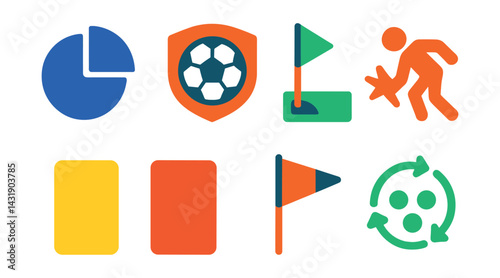 Flat vector icons of match statistics: possession percentage, shots on target, corners, fouls committed, yellow cards, red cards, offside count, passes completed.