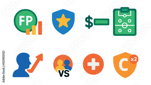 Flat vector icons of fantasy league stats: fantasy points, dream team icon, value rating, lineup analytics, player trend arrow, matchup comparison, injury report, captain multiplier.