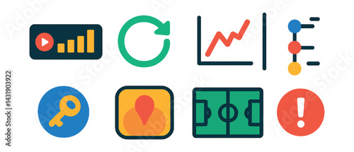 Flat vector icons of real-time match analytics: live stat ticker, data refresh icon, moment-by-moment graph, timeline with goals, key moments icon, heat indicator, tactical chart, stat update alert.