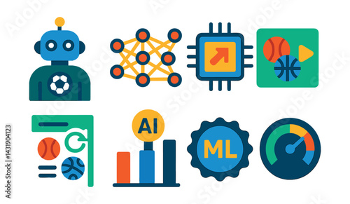 AI-based sports forecasts: robot forecaster, neural network icon, smart prediction chip, real-time feed icon, auto-updated forecast, confidence AI bar, machine-learning badge, model accuracy ring.