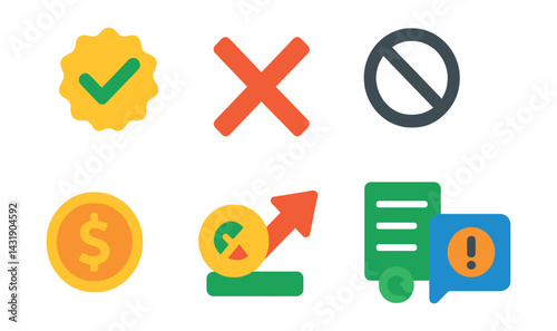 Flat vector icons of betting outcomes and results: win badge, loss icon, void bet symbol, partial win coin, payout amount, refund icon, bet settled status, result notification.