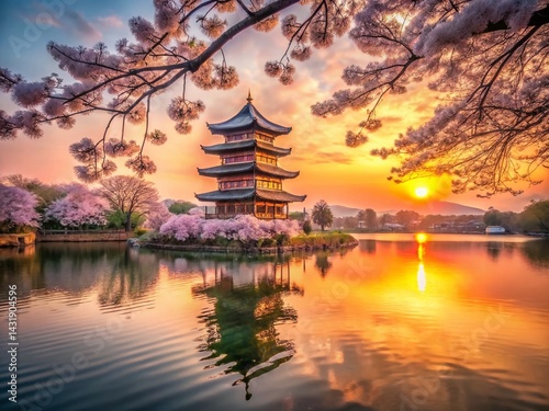 Sunset Serenity: Traditional Pagoda, Cherry Blossoms, and Lake