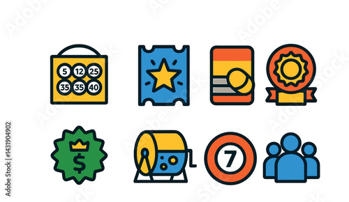 Flat vector icons of types of lotteries: number draw, instant win icon, scratch-off card, daily draw badge, weekly jackpot, raffle icon, bonus ball, syndicate group.