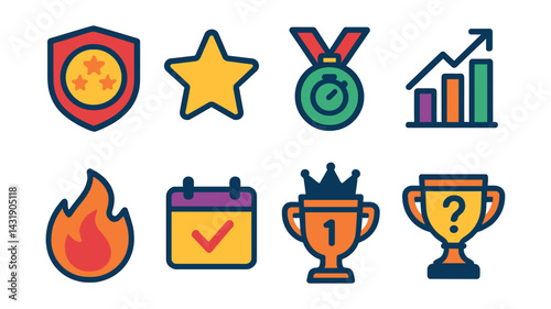 Flat vector icons of quiz achievements: high score badge, perfect round star, fastest time medal, streak icon, leaderboard chart, quiz crown, daily challenge, quiz master trophy.