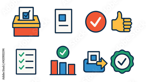 Flat vector icons of voting basics: ballot box, vote slip, vote button, thumbs up/down, checkbox list, election poll, submit vote icon, vote confirmed badge.