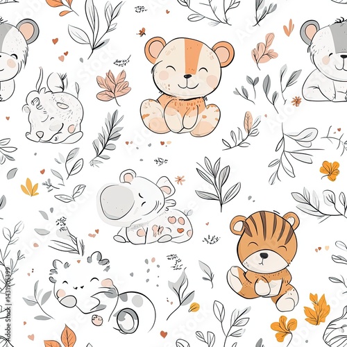 Adorable Baby Animals Seamless Pattern: Cute Tigers, Bears, and Floral Designs