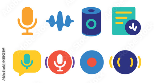 voice-controlled devices: microphone icon, voice wave symbol, smart assistant logo, command history screen, speech bubble command, voice reply icon, “listening” state, “wake word” trigger.