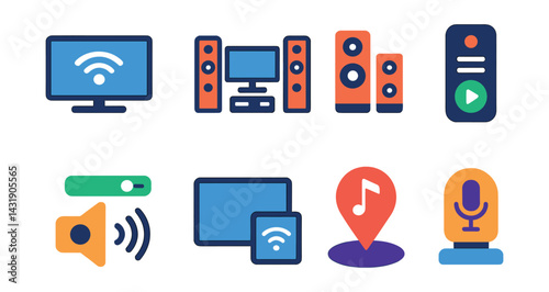 Flat vector icons of smart entertainment systems: smart TV, home theater icon, speaker group icon, streaming control, volume automation, screen mirroring, music zone, voice playlist.