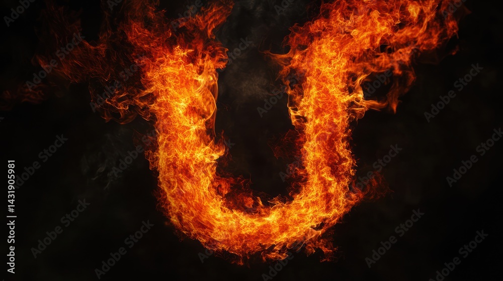 Fototapeta premium Fiery letter U against dark background, burning, abstract