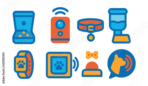 Flat vector icons of smart pet care: automatic feeder, pet camera, smart collar icon, water dispenser, activity tracker, pet door sensor, treat button, voice call for pets.