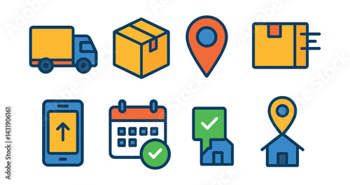 Flat vector icons of shipping and delivery: delivery truck, shipping box, delivery location pin, express shipping icon, order tracking, estimated delivery calendar, home delivery icon, pickup point.
